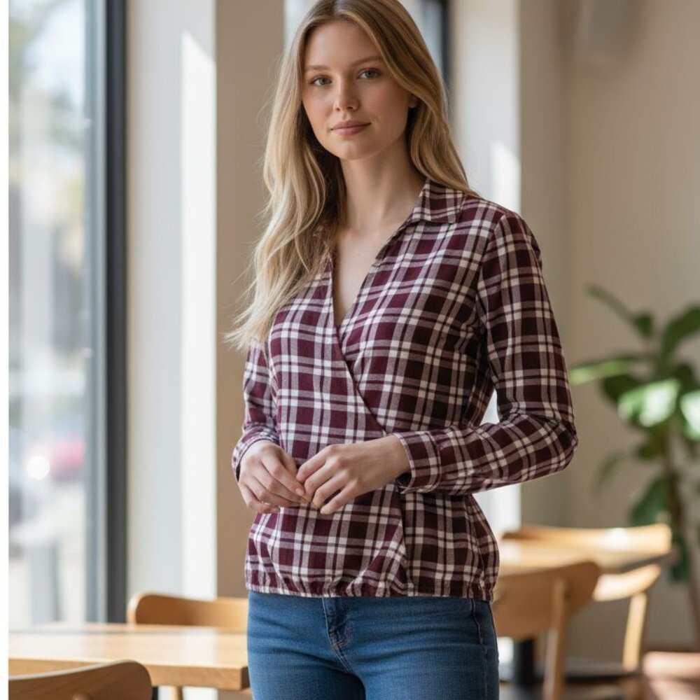 Madewell Arion Plaid Long Sleeve Wrap Top with Gathered Hem NWT
